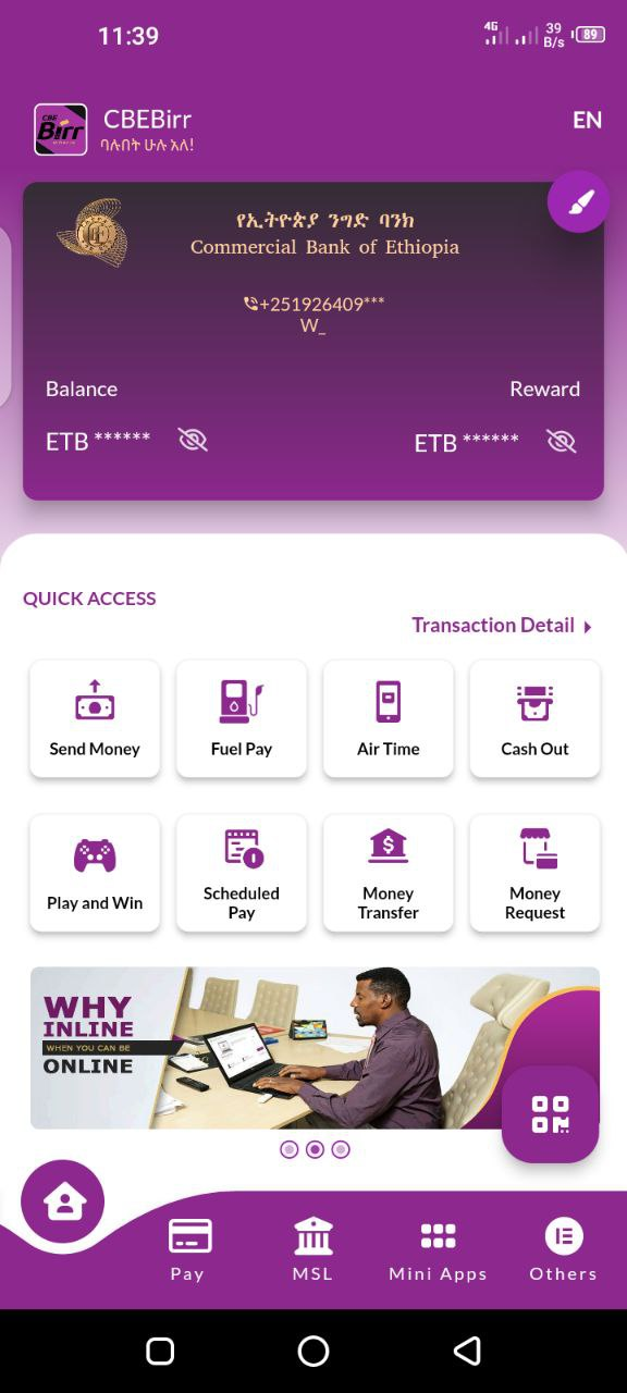 CBE birr mobile app front page!